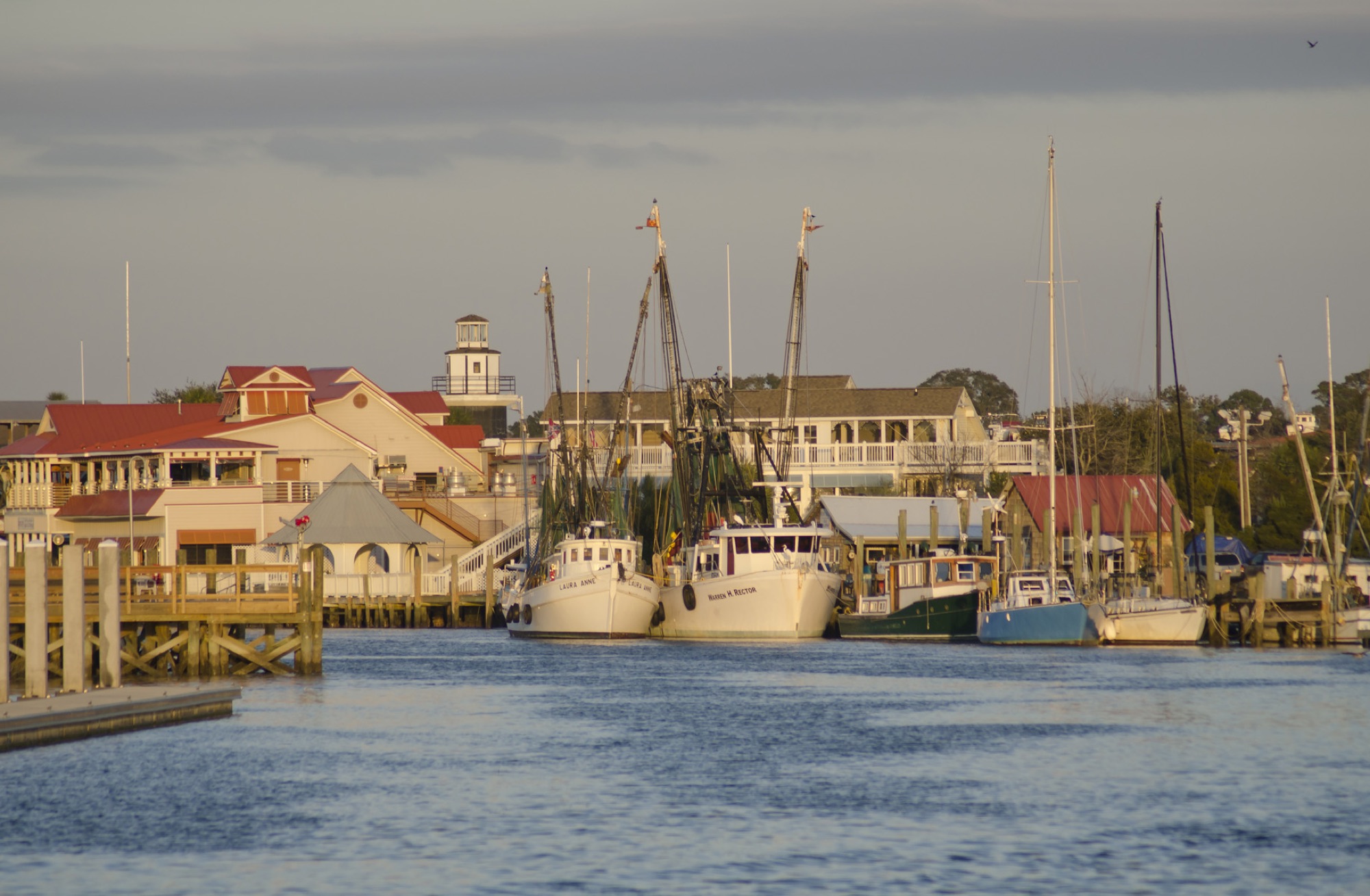 Shrimp boats tied along the docks at Shem Creek in warm golden-hour light